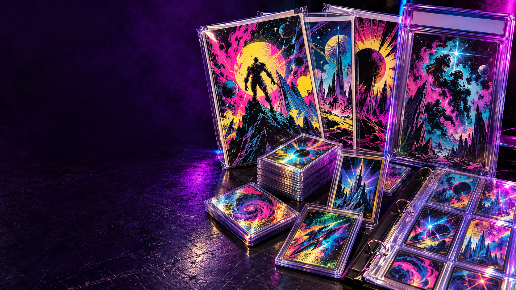 Bagged comics, graded slabs, and trading-card binders in a neon-lit collector setup
